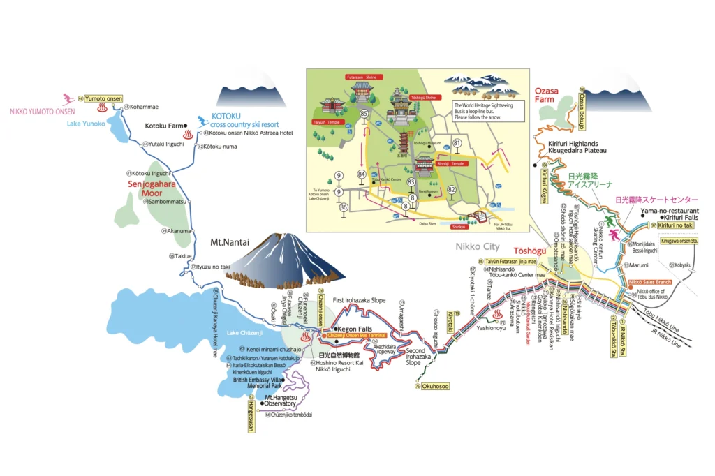 Mapa con los distintos puntos de interés y paradas de las líneas de autobuses Tobu