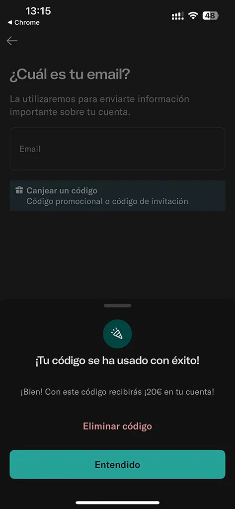 Confirmación de que el código promocional N26 ha funcionado