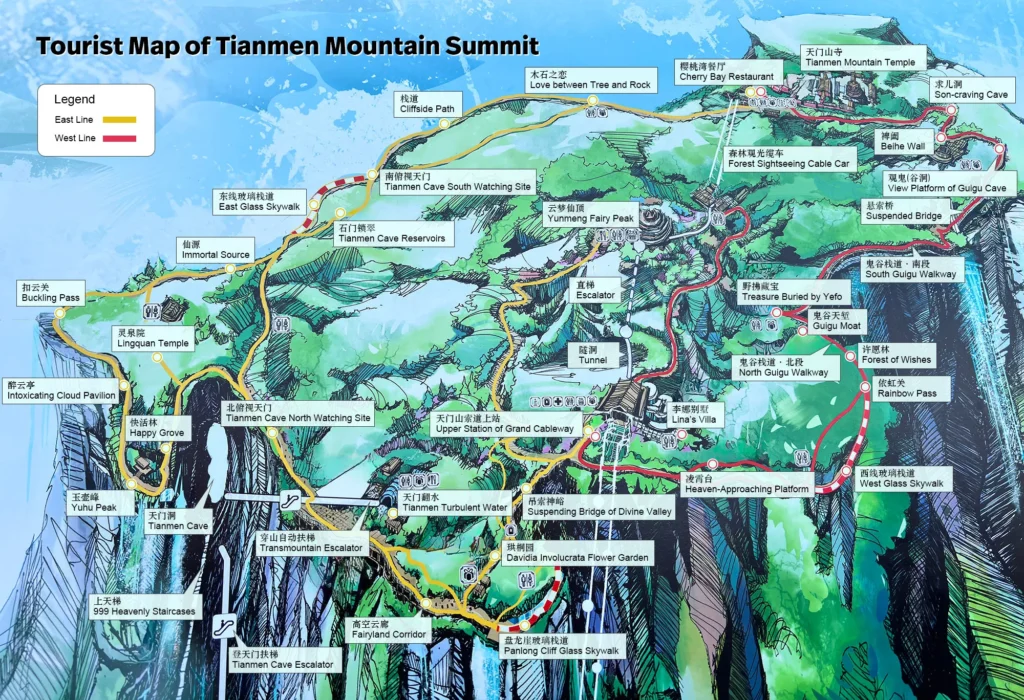 Mapa de la parta alta de la Montaña Tianmen