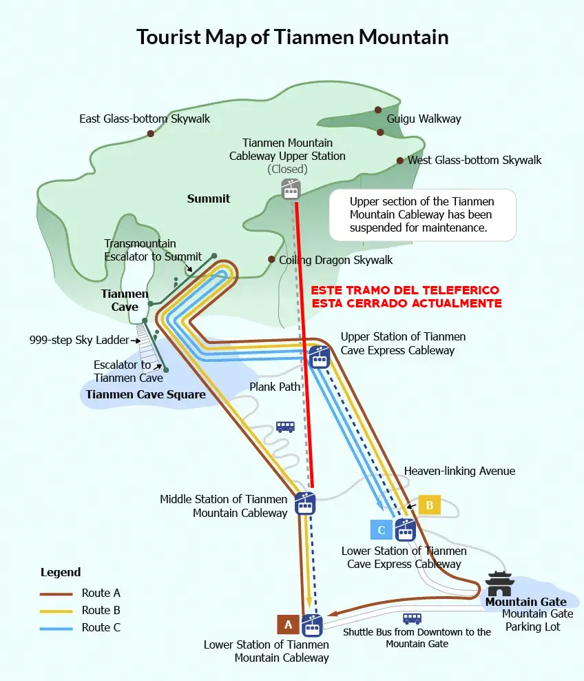 Mapa con las distintas rutas de la Montaña Tianmen