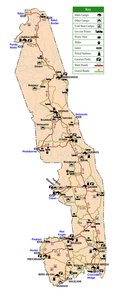 Mapa del P.N Kruger con todos los campamentos, puertas de acceso y carreteras (Foto: sandparks.org)