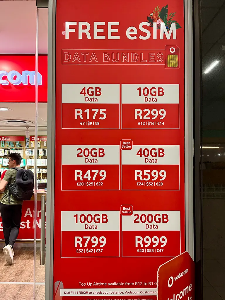 Paquetes de Vodacom Sudáfrica en el aeropuerto