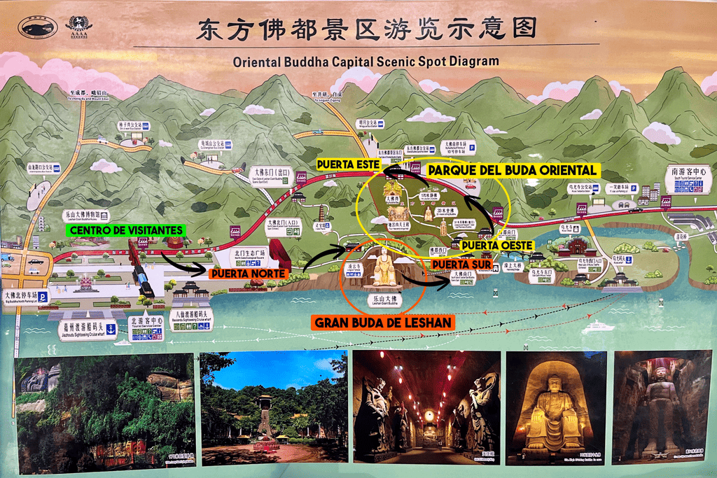 Mapa del Área Escénica del Gran Buda de Leshan con nuestra ruta señalizada